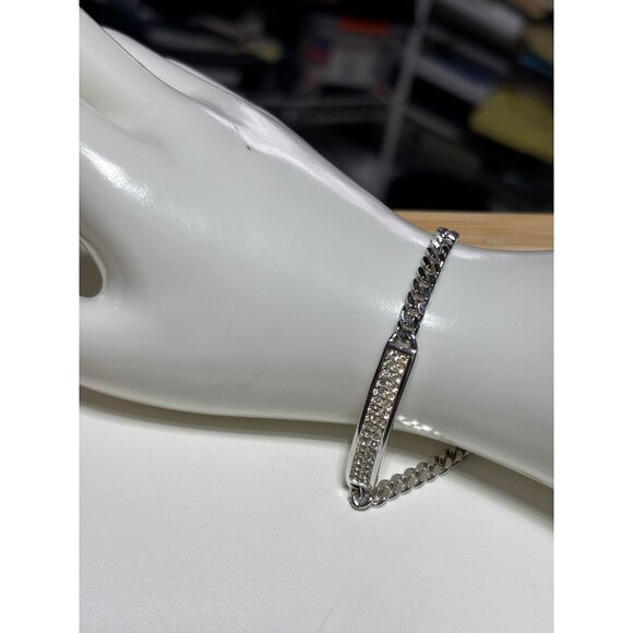 Christian Dior Silver-Tone Chain Bracelet With Crystal Embellished Bar & Secure - Picture 10 of 11